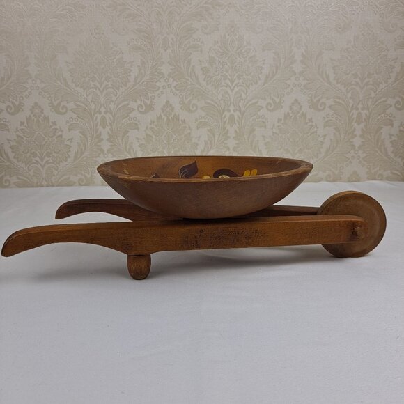 Wooden Wheelbarrow Fruit Bowl Centerpiece Lady with Floral Painting Mid-Century - Picture 6 of 13